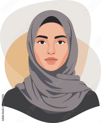 Confident Female Portrait Wearing Hijab, Flat Vector Art