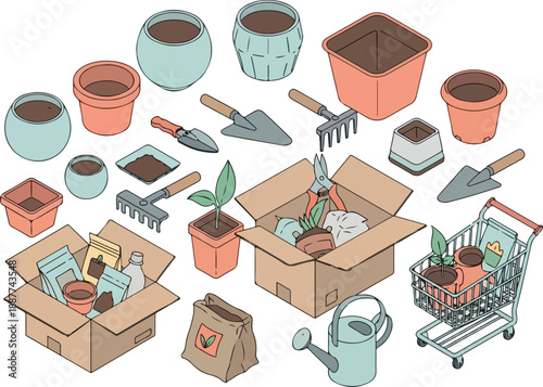 Gardening tools and pots. Planting flowers, gardening concept, seedlings