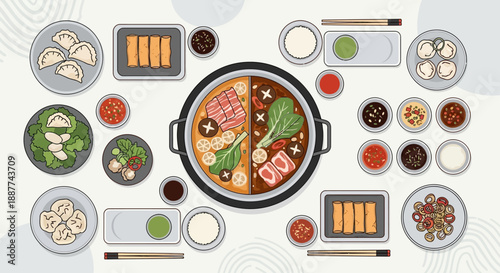 A detailed overhead view of a traditional Asian hot pot meal with various ingredients, side dishes, and dipping sauces arranged on a light-colored table.