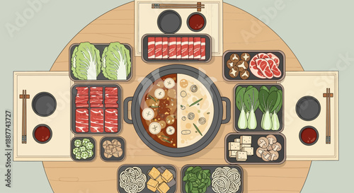 Top-down view of a traditional Asian hot pot meal with various fresh ingredients and dipping sauces arranged on a round wooden table, ready for cooking.