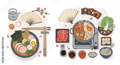 Traditional Japanese ramen bowl with pork, egg, seaweed, and chopsticks, served with a teapot and cherry blossoms.