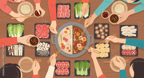 People enjoying a communal hot pot meal with various ingredients and dipping sauces on a wooden table, viewed from above.