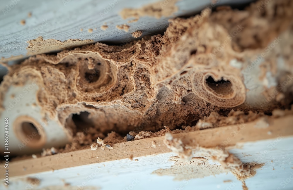 Fototapeta premium Close view of wooden joist damaged by termites. Tunneling insects create holes and destroy structure. Repair needed for house, home, or building. Pest control issue.