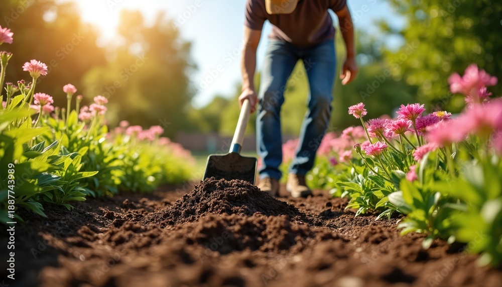 Fototapeta premium Person works in garden with shovel near blooming pink flowers. Man digs soil for planting on sunny day, summer season. Greenery plants grow in warm weather.