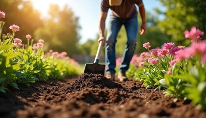Person works in garden with shovel near blooming pink flowers. Man digs soil for planting on sunny day, summer season. Greenery plants grow in warm weather.