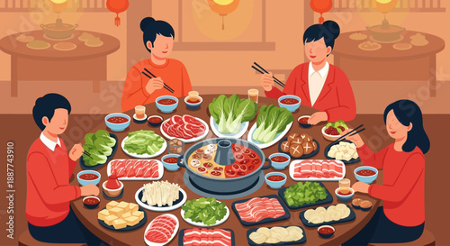 A family of four enjoys a vibrant hot pot meal, with an array of fresh ingredients and dipping sauces on a large round table.