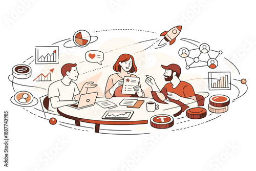 Image Generation. Web3 product and growth strategy meeting. Startup leaders reviewing metrics and community