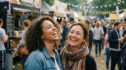 A genuine and heartwarming moment of friends laughing and connecting. An outdoor event or market with people having fun. Blurred background, copy space.