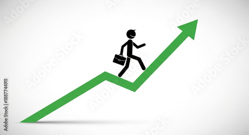 Business person climbing green upward trending graph arrow.