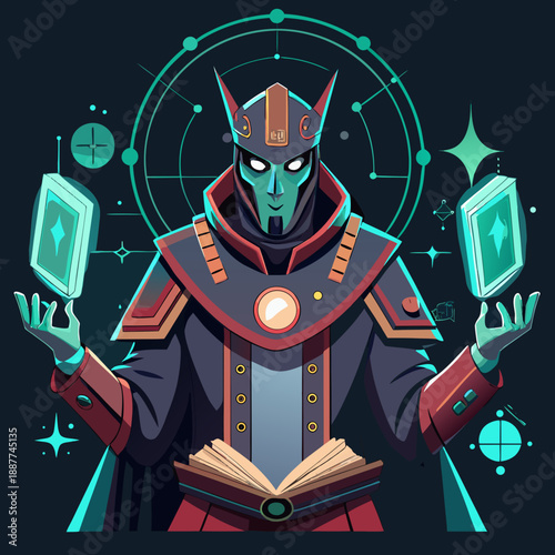 Mystic sorcerer conjures magic cards with ancient book