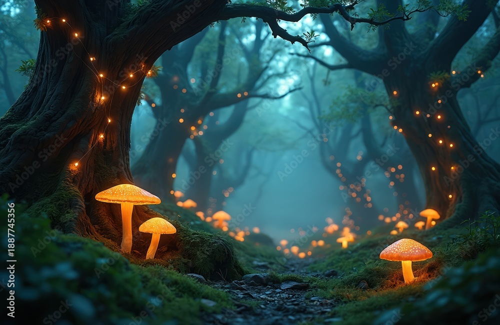 Fototapeta premium Enchanted forest path with glowing mushrooms and fairy lights. Mystical woodland scenery at night with luminous fungi. Magical nature background for fantasy stories.