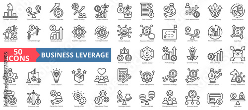 business leverage icon set outline style illustration. containing competitive edge, economic scale, synergy effect, strategic advantage, growth potential, equity funding, profit maximization