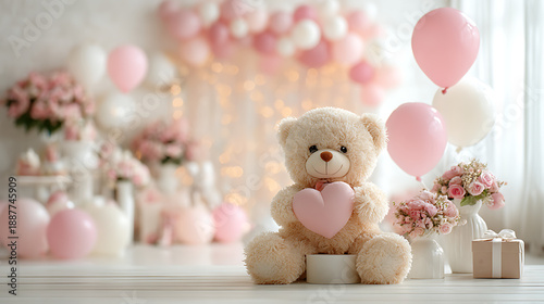 Cute teddy bear holding pink heart with balloons and flowers background for Valentine's Day greeting card and romantic holiday design

