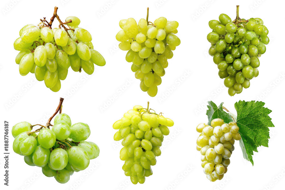 Fototapeta premium A bunch of grapes with a leaf on the right