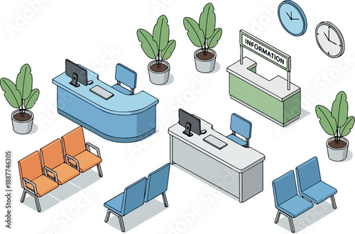 Isometric Reception Area with Waiting Chairs, Desks, and Plants