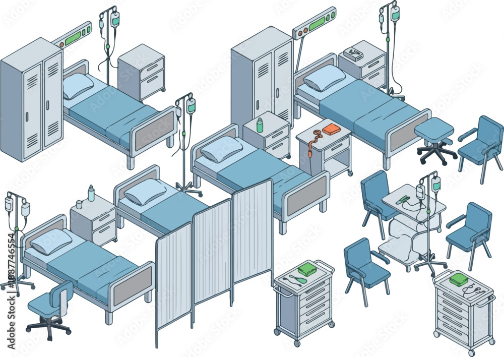 Obraz premium Hospital Room Interior Design Beds, Furniture and Medical Equipment Isometric Vector Illustration