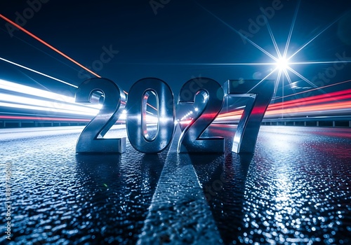 2027 New Year Text on Highway with Fast Motion Light Trails