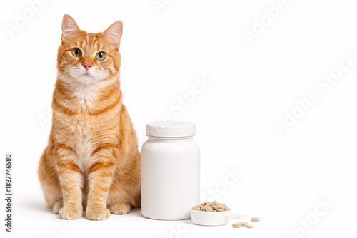 Ginger tabby cat with supplement jar and treats, pet shop cat vitamins concept isolated