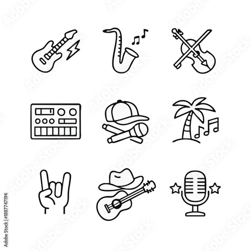 Collection of musical instrument icons in line