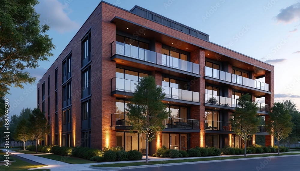 Obraz premium Modern brick apartment building with balconies at dusk. Sleek glass windows and doors reflect warm exterior lights illuminating green landscaping and nearby trees.