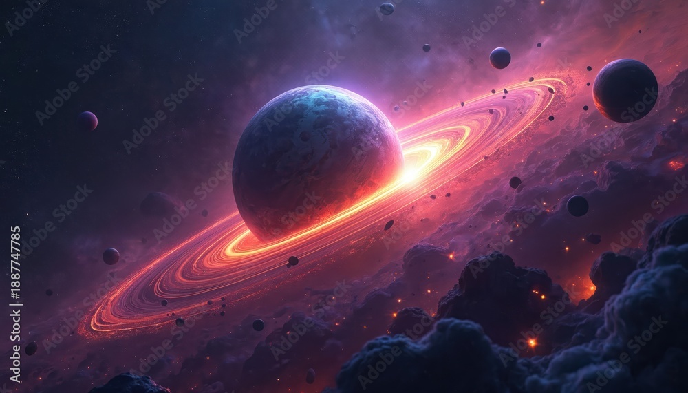 Fototapeta premium Ringed planet glows in vast nebula with asteroids and distant stars. Cosmic scene includes purple clouds and bright light. Space exploration concept background.