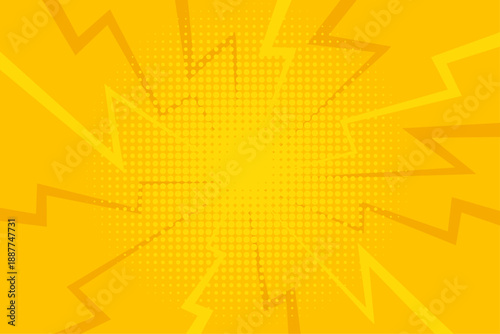 Energetic yellow pop-art explosion background featuring a central halftone dot gradient surrounded by sharp electric lightning bolts and retro comic-style rays for a high-impact visual design