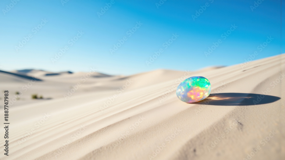 Fototapeta premium An opal rock rests on a sandy dune. Its surface reflects a rainbow of colors, creating a mesmerizing interplay of light and shadow. The scene evokes a sense of quiet beauty and isolated serenity.