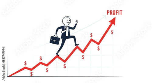 Businessman climbing up a rising profit graph with briefcase.