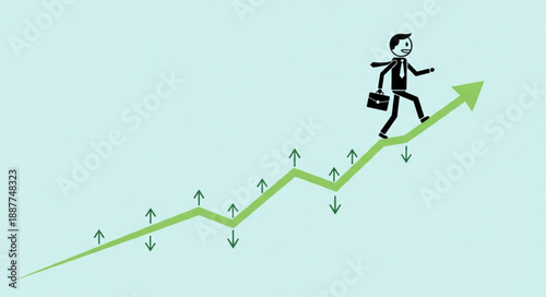 Businessman climbing upward trending graph symbolizing financial growth and success.