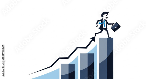 Businessman running up a bar graph representing financial growth.