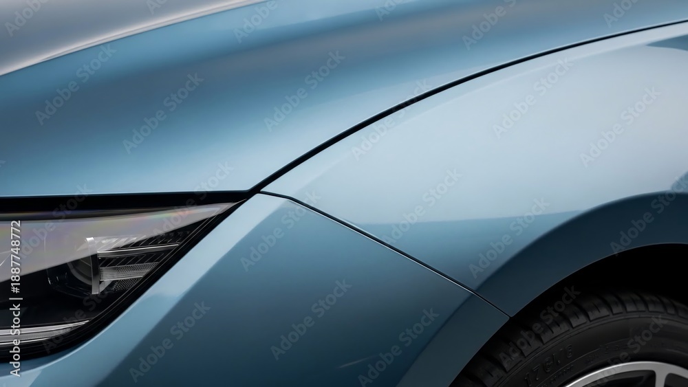 Fototapeta premium Close-up of a blue car's front fender and headlight.