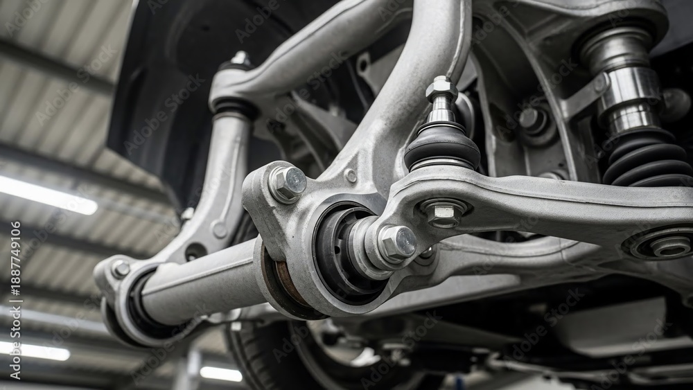Obraz premium Detailed view of a vehicle's suspension system components.