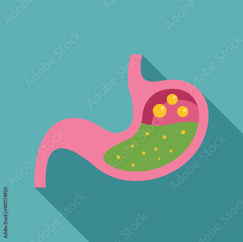 Human stomach organ with acid and yellow bubbles indicating digestive issues