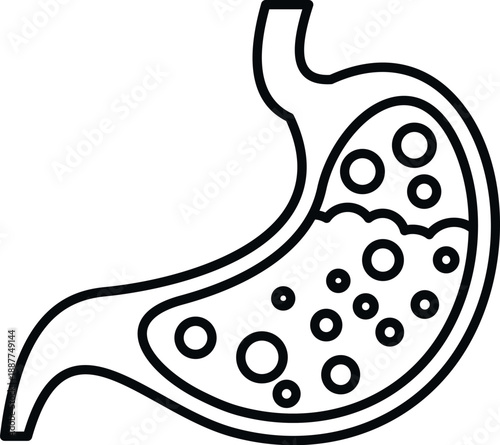 Human stomach outline featuring gas bubbles, representing digestive issues or discomfort