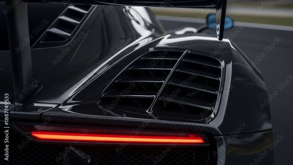Naklejka premium Rear view of a sleek black sports car on a racing track.
