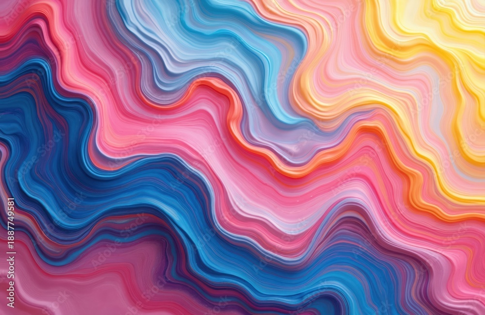 Obraz premium Swirls of pink, blue, and yellow liquid paint form an abstract marble pattern. This dynamic fluid art creates a vibrant, colorful background with a soft gradient texture. Modern surface design.