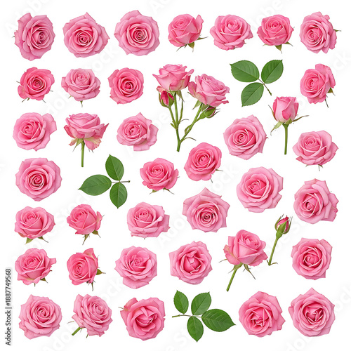 Collection of pink roses with leaves on white background.
