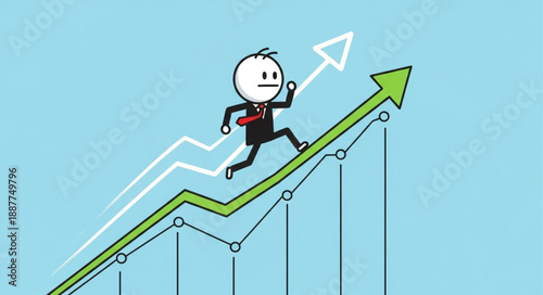 Cartoon businessman running up a green financial graph arrow symbolizing success.