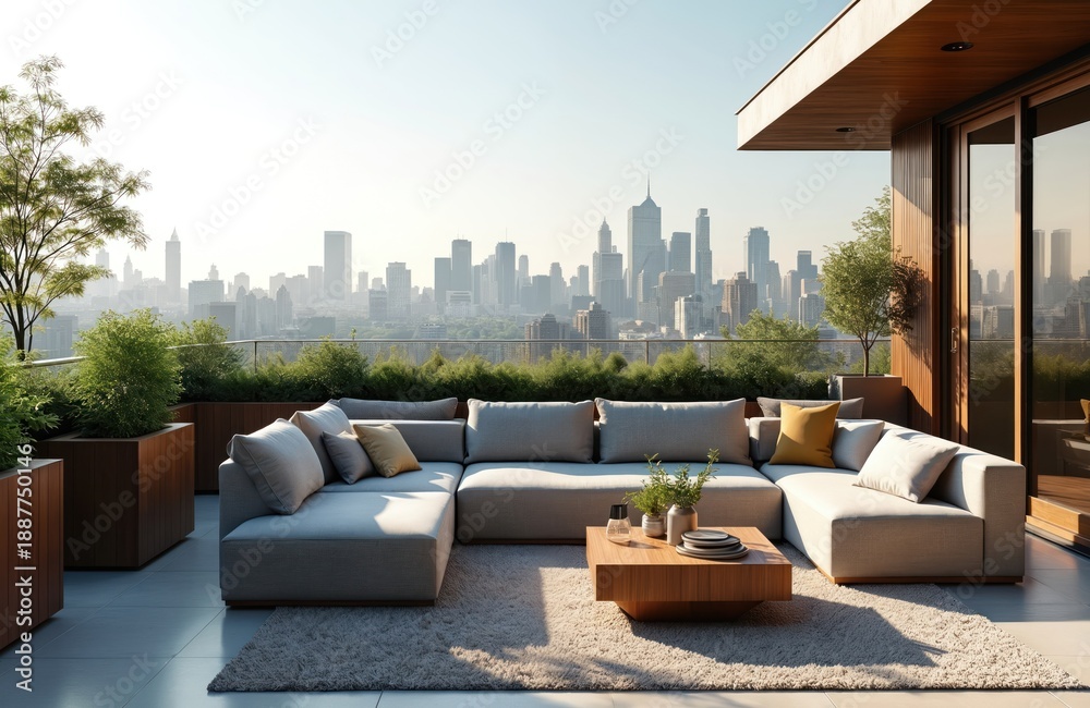 Obraz premium Modern rooftop terrace offers plush seating and city skyline views. Lush greenery frames urban panorama. Sleek lounge area perfect for relaxation and entertaining guests.