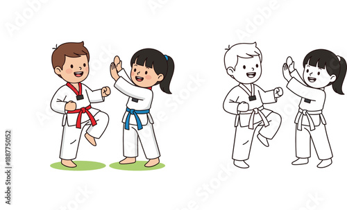 Cute children practicing Taekwondo martial arts, happy boy and girl in uniform training Karate, vector illustration with black and white outline for coloring book.