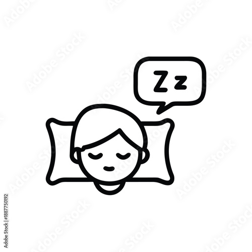 Sleeping woman icon, zzz speech bubble, line art illustration, black and white, minimalistic design, vector graphics