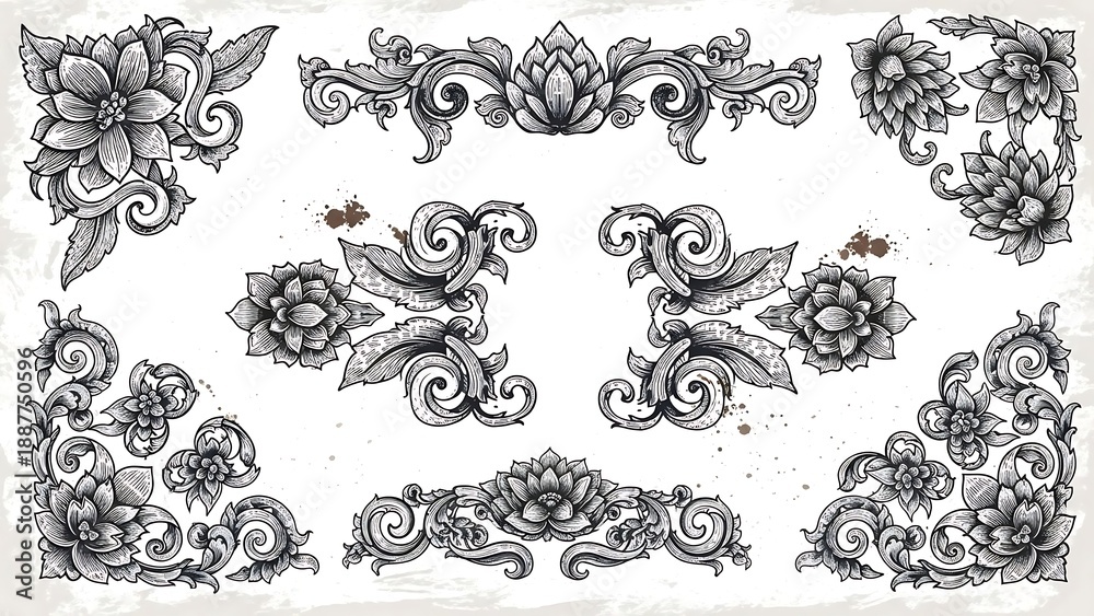 Fototapeta premium Ornate floral patterns and designs collection.