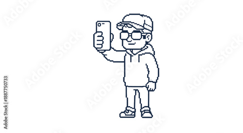 pixel art selfie of a young man in cap and glasses taking a photo with his smartphone for digital content and social media marketing.