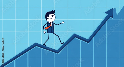 Cartoon businessman climbing up a rising stock market graph.