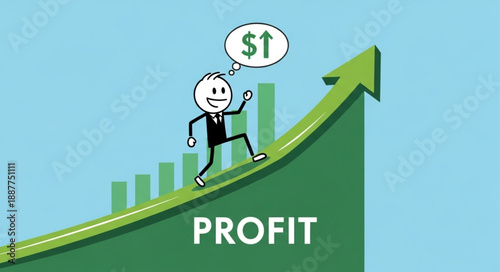 Cartoon businessman climbing upward profit graph with dollar sign.