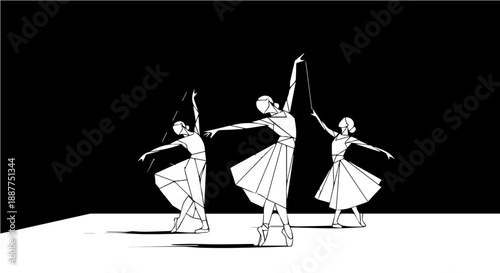 geometric ballet dancers gracefully perform on a minimalist stage an abstract polygonal art illustration ideal for modern design and performance art concepts