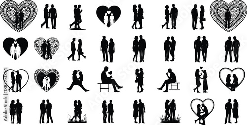 Couple silhouette collection romantic love scenes, heart icons set, relationships dating concepts, black white vector illustration pack, modern minimal design