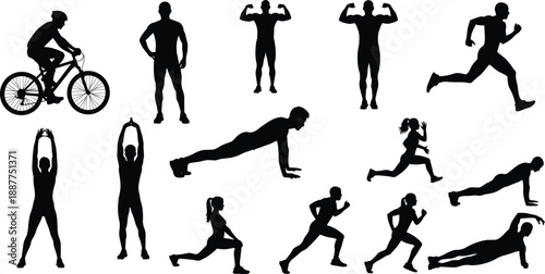 Fitness activity silhouette set showing cycling running strength training yoga exercises human workout poses isolated vector illustration