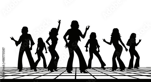 retro women dancing on a checkered floor silhouette graphic designed for nightlife event promotions vintage party invitations and music industry visuals.