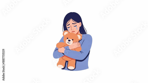 An illustration depicting a sorrowful woman with tears streaming down her face, finding solace while tightly embracing a brown teddy bear.